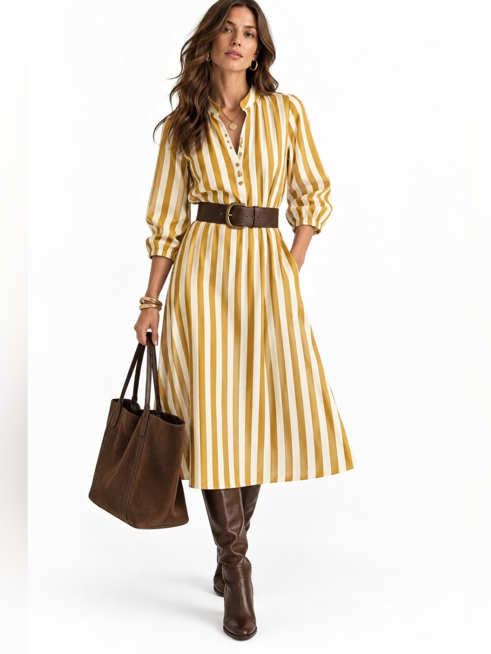 Midi Dress Awning Stripe Mustard Yellow Full Unbranded